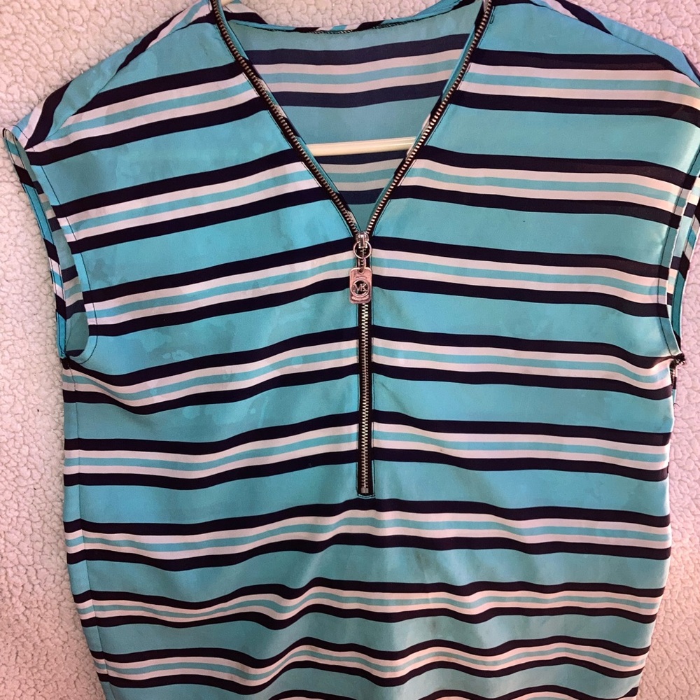Michael Kors Teal and Black Striped Zipper Blouse